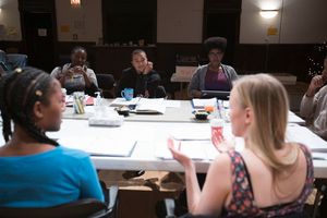(front) Celeste Cooper (Imani) and Kelly O'Sullivan (That Bitch on the Couch/White Woman); (rear) director Nataki Garrett, playwright Aziza Barnes and script supervisor Regina Victor @ BroadwayWorld (front) Celeste Cooper (Imani) and Kelly O'Sullivan (That Bitch on the Couch/White Wo Photo
