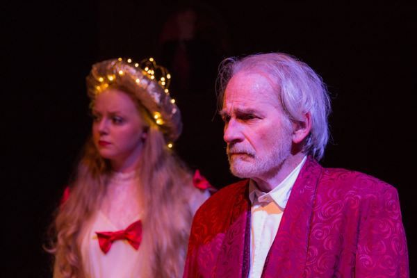 CHRISTINE CHOATE (Tiny Tim) and JOSEPH GRANT (Scrooge) from the Lakewood Playhouse Pr Photo