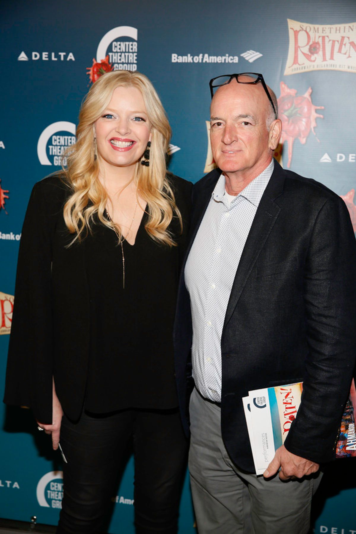 Actor Melissa Peterman and John Brady arrive for the opening night performance of 'Something Rotten!' at Center Theatre Group/Ahmanson Theatre on Tuesday, November 21, 2017, in Los Angeles, California. (Photo by Ryan Miller/Capture Imaging) at 