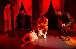 Olli Haaskivi (as Peter Gil), Megan Hill (as Maria), Tommy Heleringer (as Butler), Juan Arturo (as Rafa), Tommy Russell (as John Ort) @ BroadwayWorld Olli Haaskivi (as Peter Gil), Megan Hill (as Maria), Tommy Heleringer (as Butler), Ju Photo