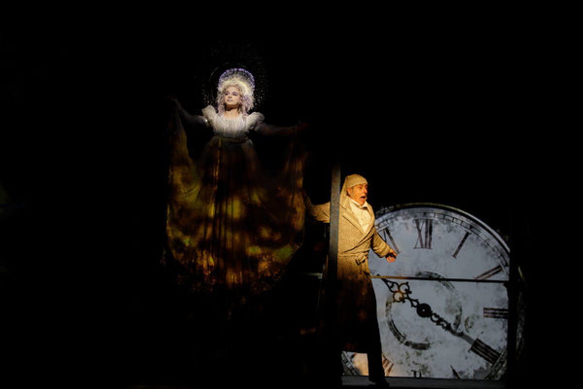 Erin Mueller as the Ghost of Christmas Past and Steve Hendrickson as Scrooge at 
