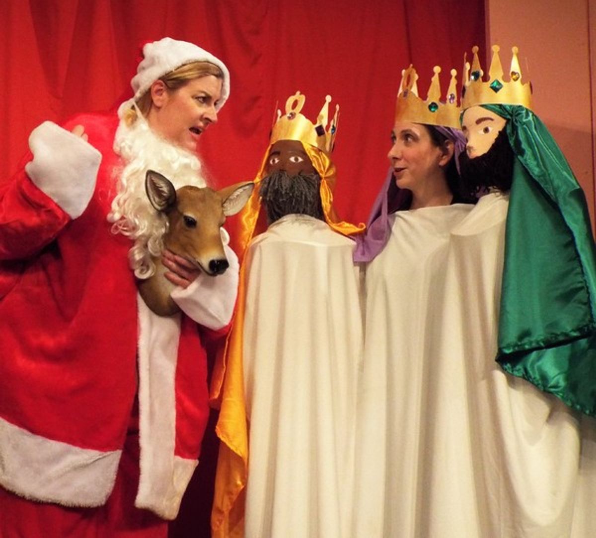  Susan Fowler (left) and Allison Deratzian (right) perform a holiday sketch as part of the second act of the ActorsNET regional premiere of Bo Wilsonâ€™s new holiday comedy, The Charitable Sisterhood Christmas Spectacular.  Ms. Fowler brought a â€�"deer fr at 