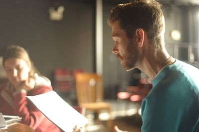 Stage Manager Kathleen Dickinson and Philip Dawkins. Photo by Eric Watkins. Photo
