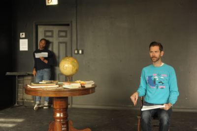 Daniel Kyri and Philip Dawkins in rehearsal for Lonely Planet in Chicago. Photo by Er Photo