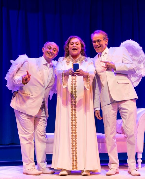 Kathleen Turner (God) with her archangels Stephen DeRosa (left) as Michael and Jim Wa Photo