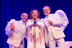 Kathleen Turner (God) with her archangels Stephen DeRosa (left) as Michael and Jim Wa Photo