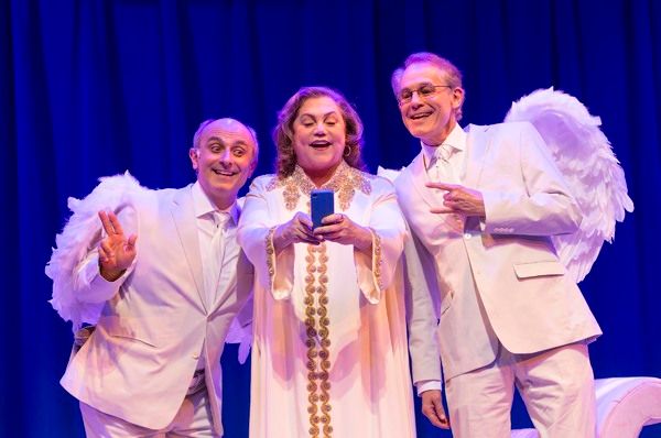 Kathleen Turner (God) with her archangels Stephen DeRosa (left) as Michael and Jim Wa Photo