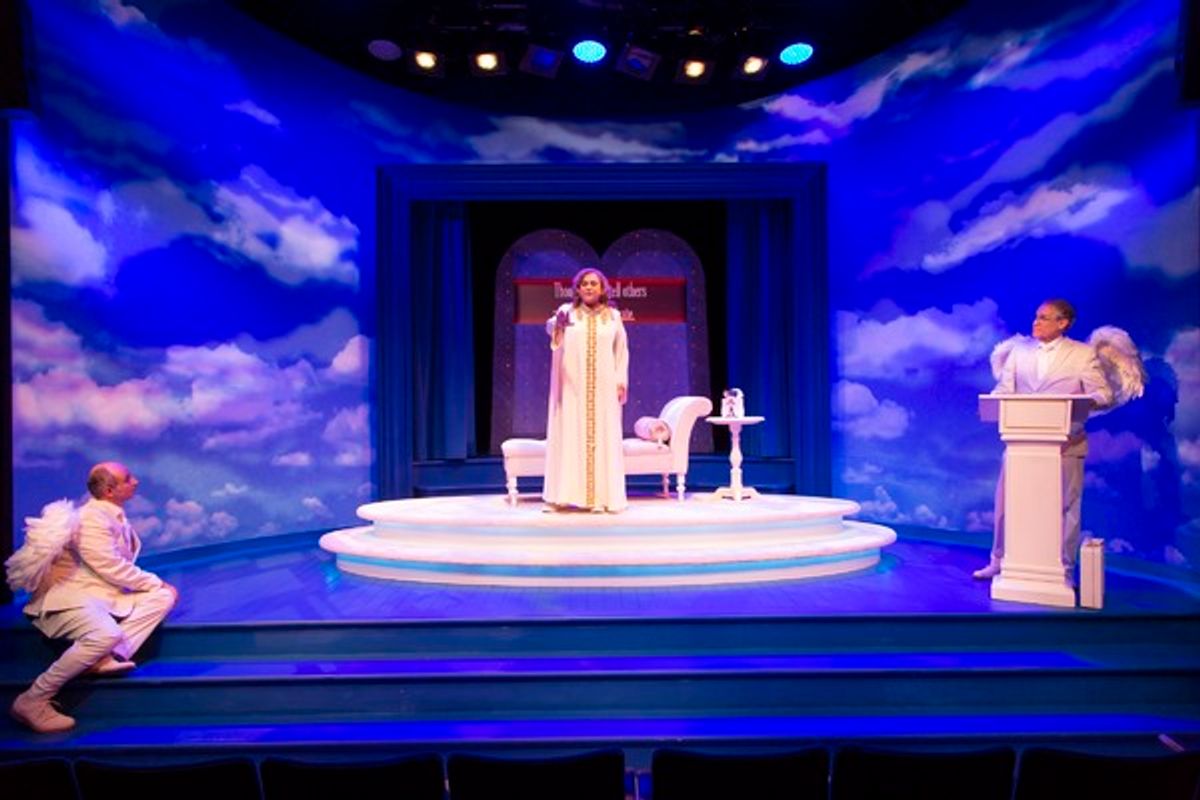 Kathleen Turner (God) with her archangels Stephen DeRosa (left) as Michael and Jim Walton (right) as Gabriel at 