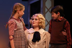 Evelyn Cantwell as Jemima Potts, Mackenzie Brown as Truly Scrumptious, and Gracie Payne as Jeremy Potts. Photo by Jeff Watkins. @ BroadwayWorld Evelyn Cantwell as Jemima Potts, Mackenzie Brown as Truly Scrumptious, and Gracie Pay Photo