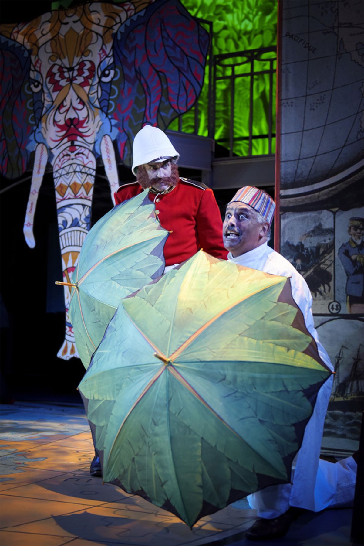 L-R: Sir Francis (Ron Campbell) and Parsi (Michael Gene Sullivan) cower from 'formidable beasts' in TheatreWorks Silicon Valley's Around the World in 80 Days. The hilarious holiday adventure adapted by Mark Brown from the novel by Jules Verne plays at the at 