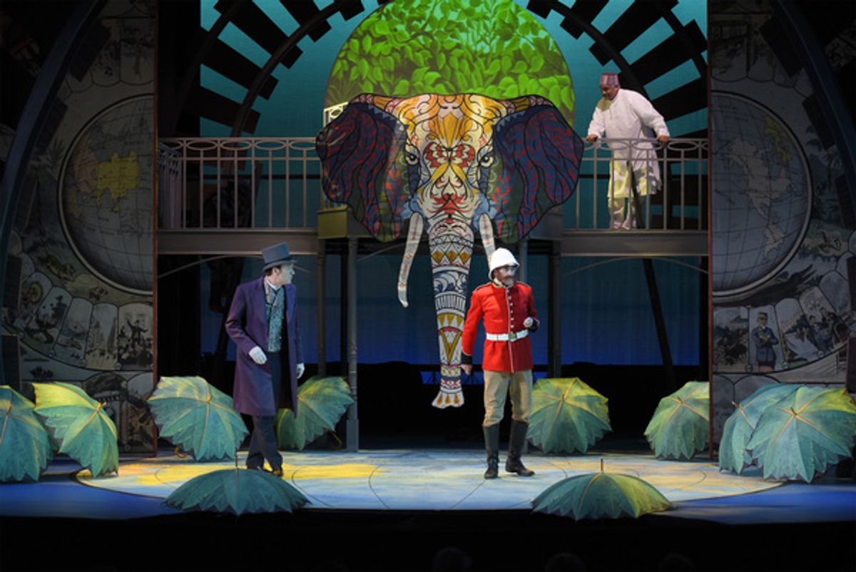 L-R: Phileas Fogg (Jason Kuykendall), Sir Francis (Ron Campbell) and Parsi (Michael Gene Sullivan) navigate their way through the jungle in TheatreWorks Silicon Valley's Around the World in 80 Days. The hilarious holiday adventure adapted by Mark Brown fr at 