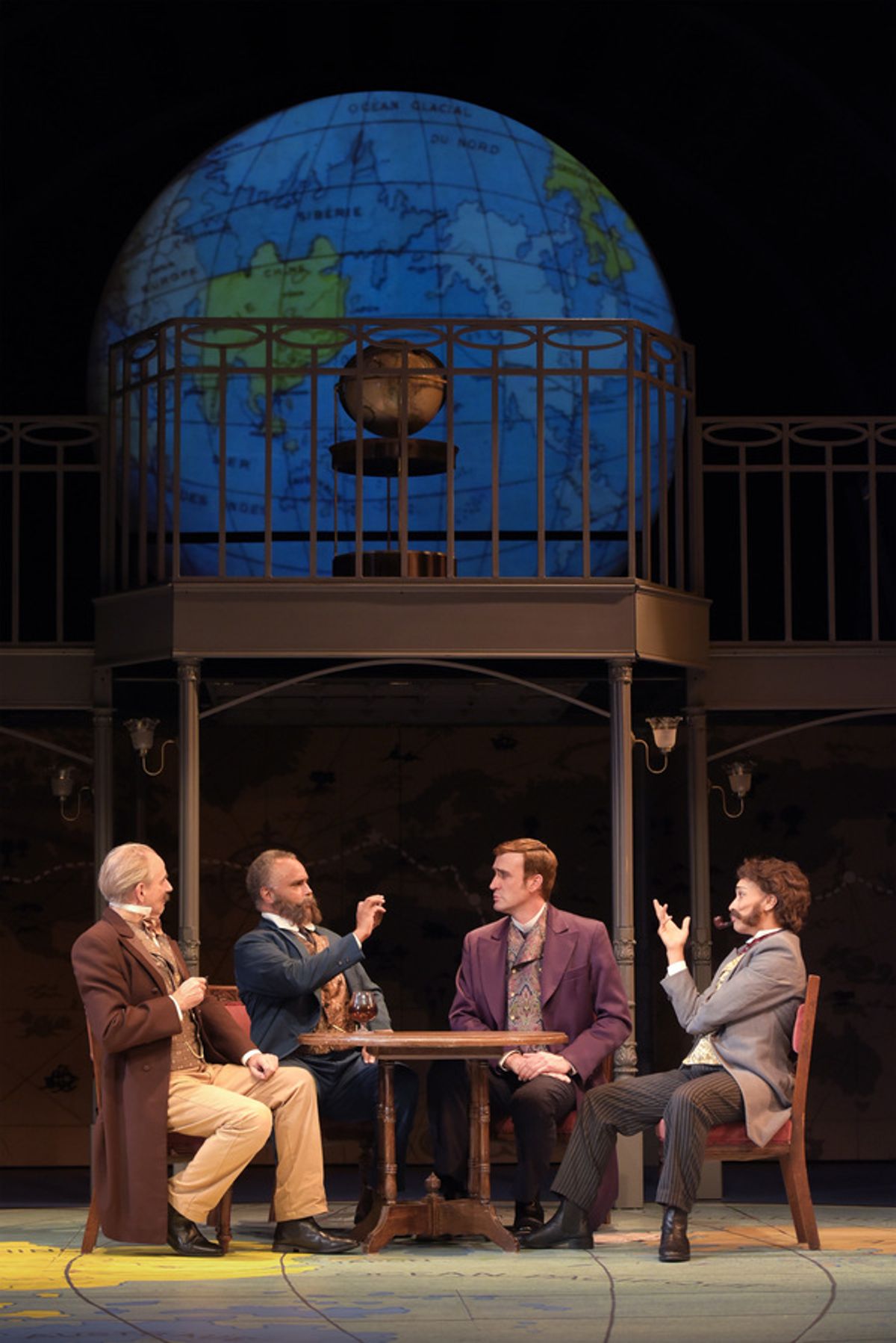 Phileas Fogg (right center, Jason Kuykendall) bets he can circumnavigate the globe to fellow members of the Reform Club (L-R: Ron Campbell, Michael Gene Sullivan, and Tristan Cunningham) in TheatreWorks Silicon Valley's Around the World in 80 Days. The hi at 