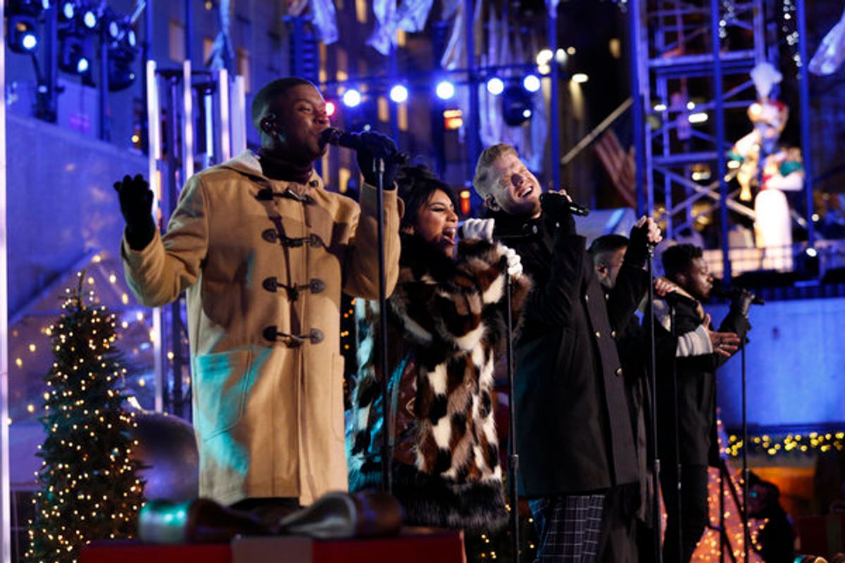 CHRISTMAS IN ROCKEFELLER CENTER -- Pictured: (l-r) Matt Sallee, Kirstin Maldonado, Scott Hoying, Mitch Grassi and Kevin Olusola of The Pentatonix perform during the 2017 Christmas In Rockefeller Center  -- (Photo by: Eric Liebowitz/NBC) at 