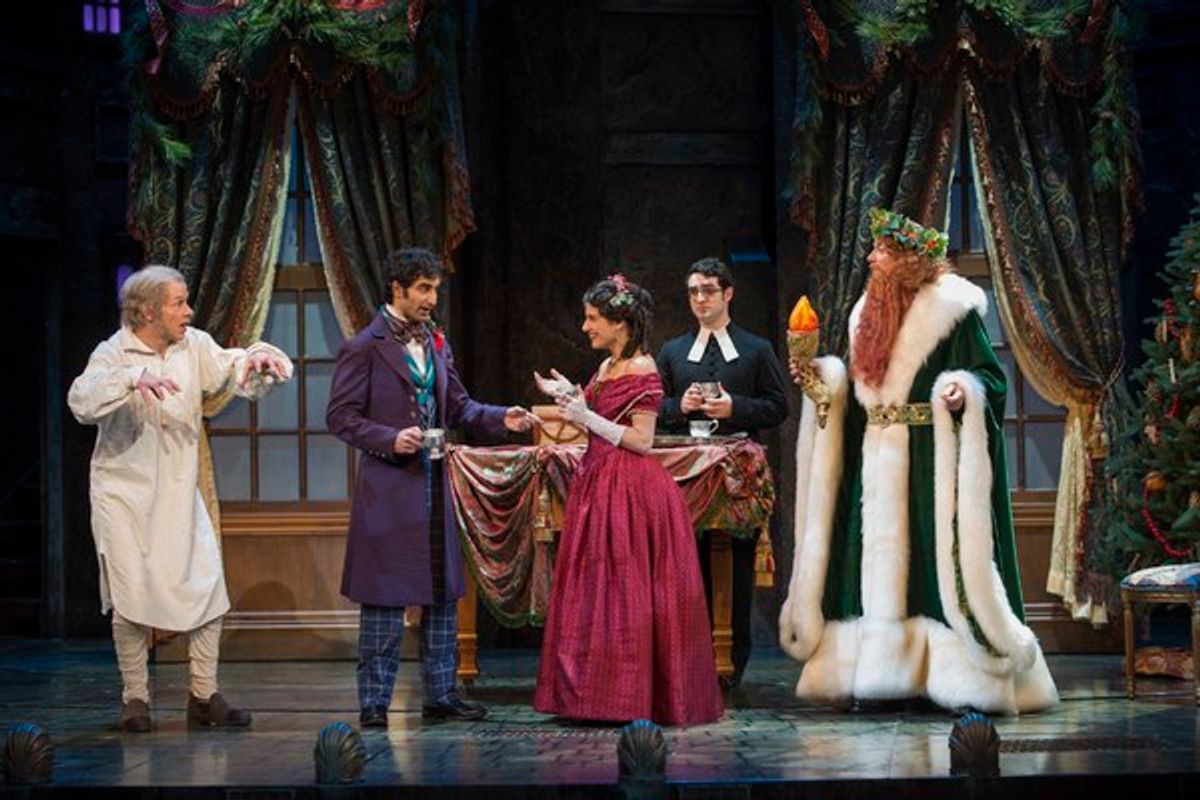 Milwaukee Repertory Theater presents A Christmas Carol in the Historic Pabst Theater from November 28 to December 24, 2017. Left to Right: Jonathan Wainwright, Jesse Bhamrah, Annelyse Ahmad, Alex Morales and Todd Denning. Photo by Michael Brosilow. at 