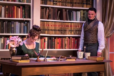 (l) Amelia Fischer (Mary Bennet) and (r) Lee Osorio (Fitzwilliam Darcy)  Photo
