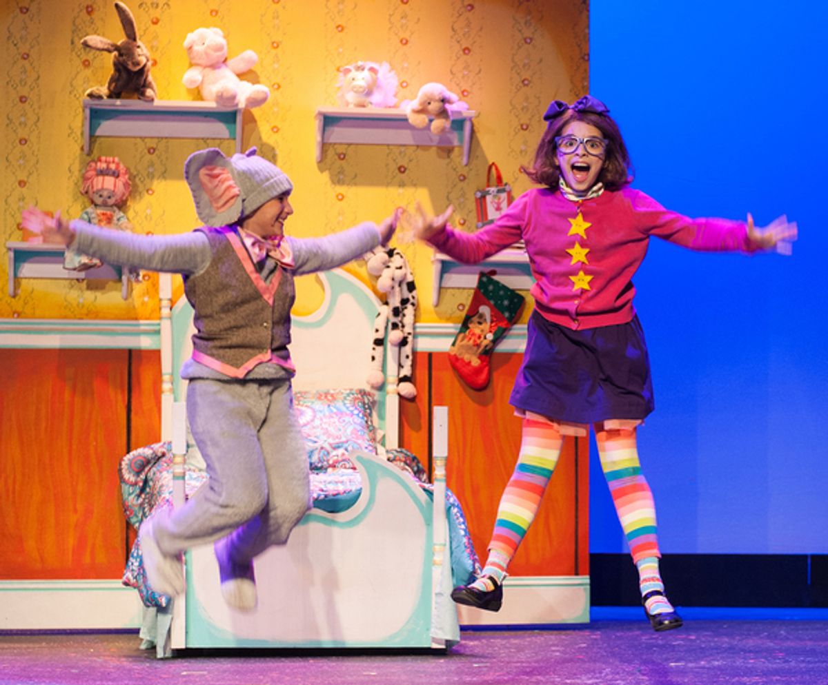 va Young as 'Phillip Johnny Bob' (Junie B's stuffed animal) and Savannah Fouchi as 'Junie B. Jones' at 