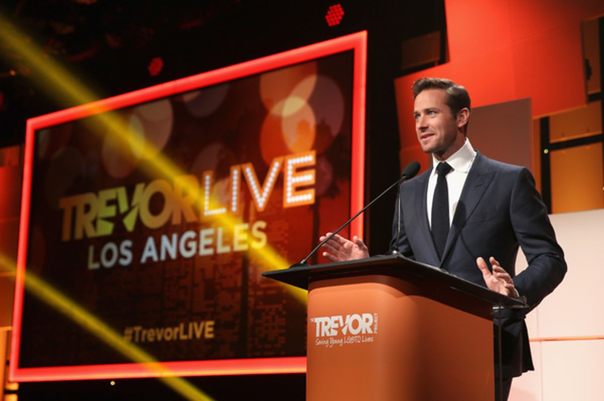 BEVERLY HILLS, CA - DECEMBER 03:  Armie Hammer speaks onstage during The Trevor Project's 2017 TrevorLIVE LA Gala at The Beverly Hilton Hotel on December 3, 2017 in Beverly Hills, California.  (Photo by Phillip Faraone/Getty Images for The Trevor Project) at 