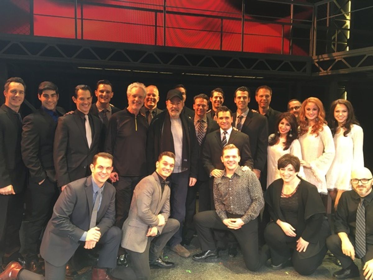 Bob Gaudio and Neil Diamond with Jersey Boys cast and musicians at 