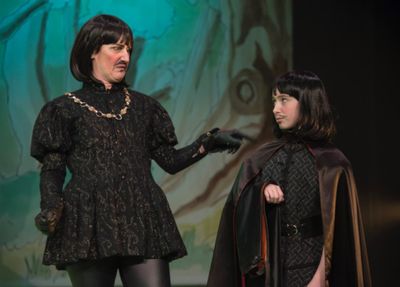 Kerry Frampton as The Sheriff of Nottingham with Nell Holleyoake in Robin Hood, Stant Photo