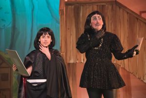 Kerry Frampton as The Sheriff of Nottingham with Nell Holleyoake in Robin Hood, Stant Photo