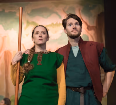 Susannah Austin as Little John and Tom Whitelock as Friar Tuck in Robin Hood, Stanton Photo