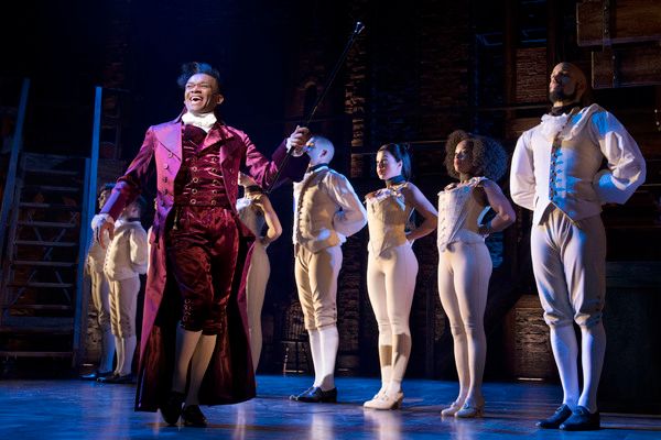 Jason Pennycooke (Thomas Jefferson) with West End cast of Hamilton - Photo Credit Mat Photo