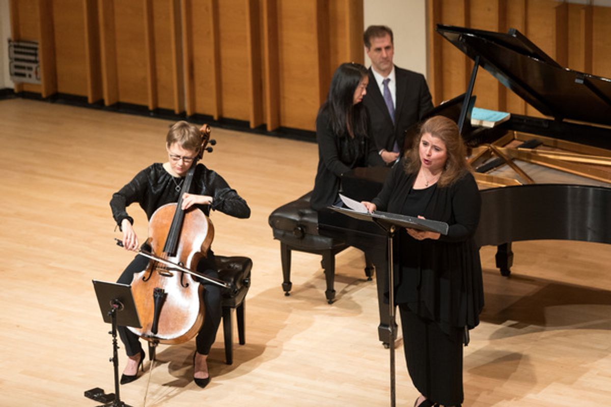 The ARK trio (soprano Allison Charney, cellist Kajsa William-Olsson, pianist Reiko Uchida) performing contemporary American composer Michael Ching's witty homage â€"Arrangements and Derangements: Interpretations of Schubertâ€ at 