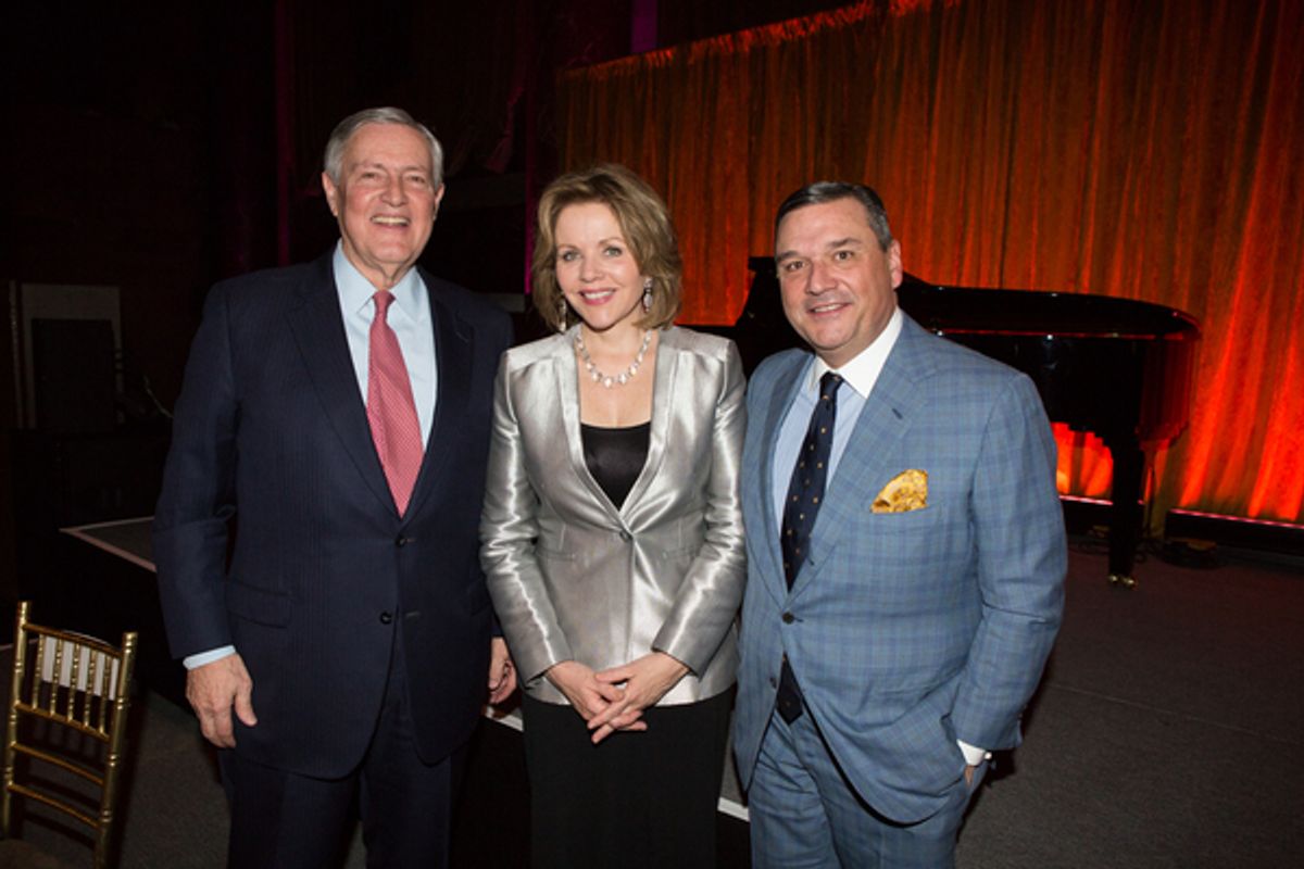 Chairman of the Metropolitan Opera Guild, Winthrop Rutherfurd with Honoree Renee Fleming and President of the Metropolitan Opera Guild, Richard J. Miller Jr.  at 