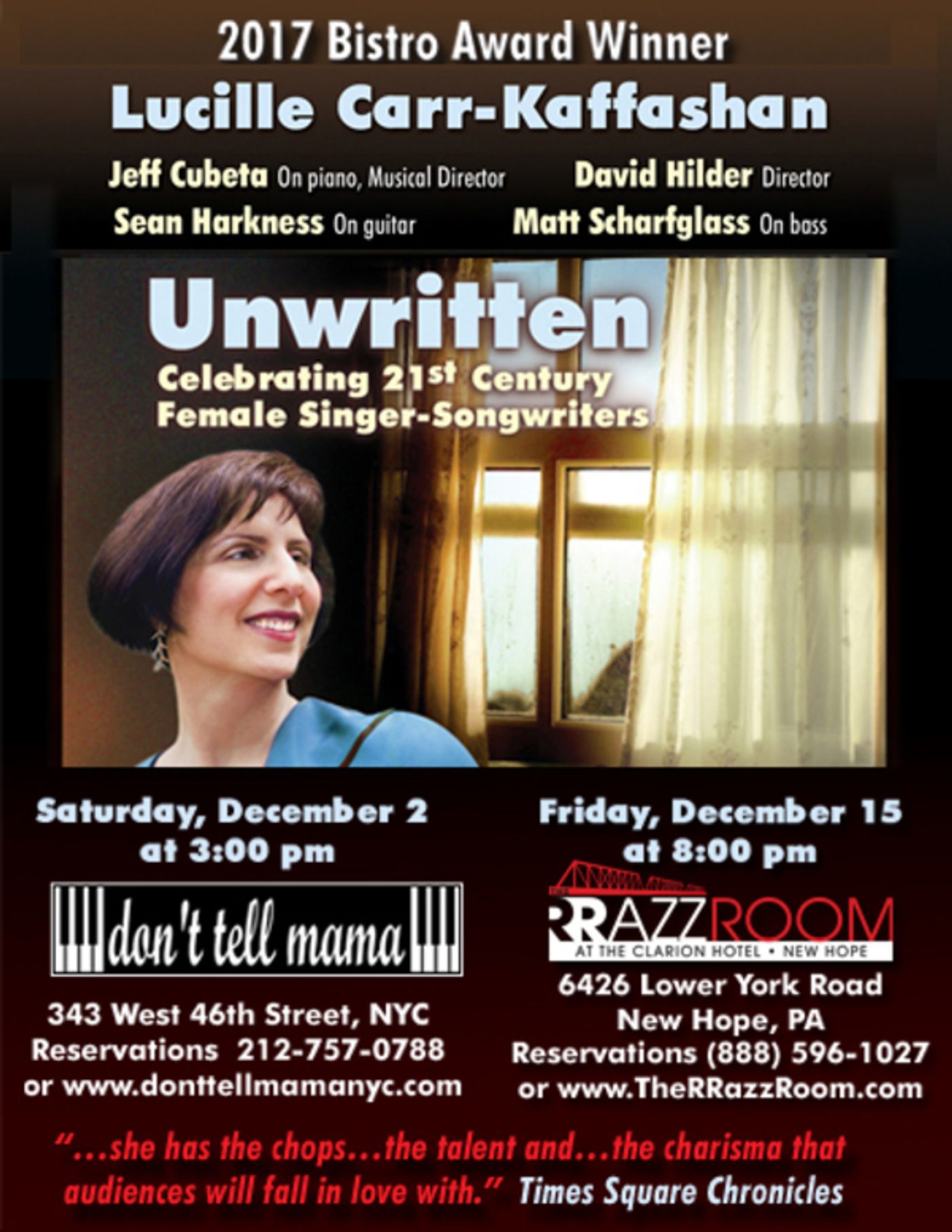 BWW Previews: LUCILLE CARR-KAFFASHAN 'UNWRITTEN' FRIDAY, 12/15/17 at The RRAZZ ROOM New Hope PA  Image