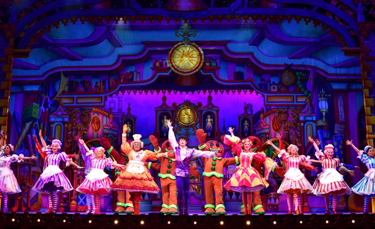 Gary Wilmot (Sarah the Cook), Charlie Stemp (Dick Whittington) & Emma Williams (Alice Fitzwarren) with the company of DICK WHITTINGTON at 