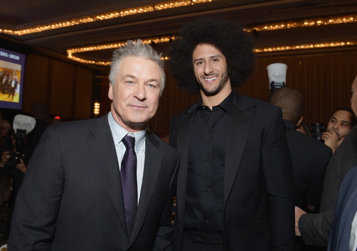 NEW YORK, NY - DECEMBER 13:  Alec Baldwin (L) and Colin Kaepernick attend Robert F. Kennedy Human Rights Hosts Annual Ripple Of Hope Awards Dinner on December 13, 2017 in New York City.  (Photo by Jason Kempin/Getty Images for Ripple Of Hope Awards) at 