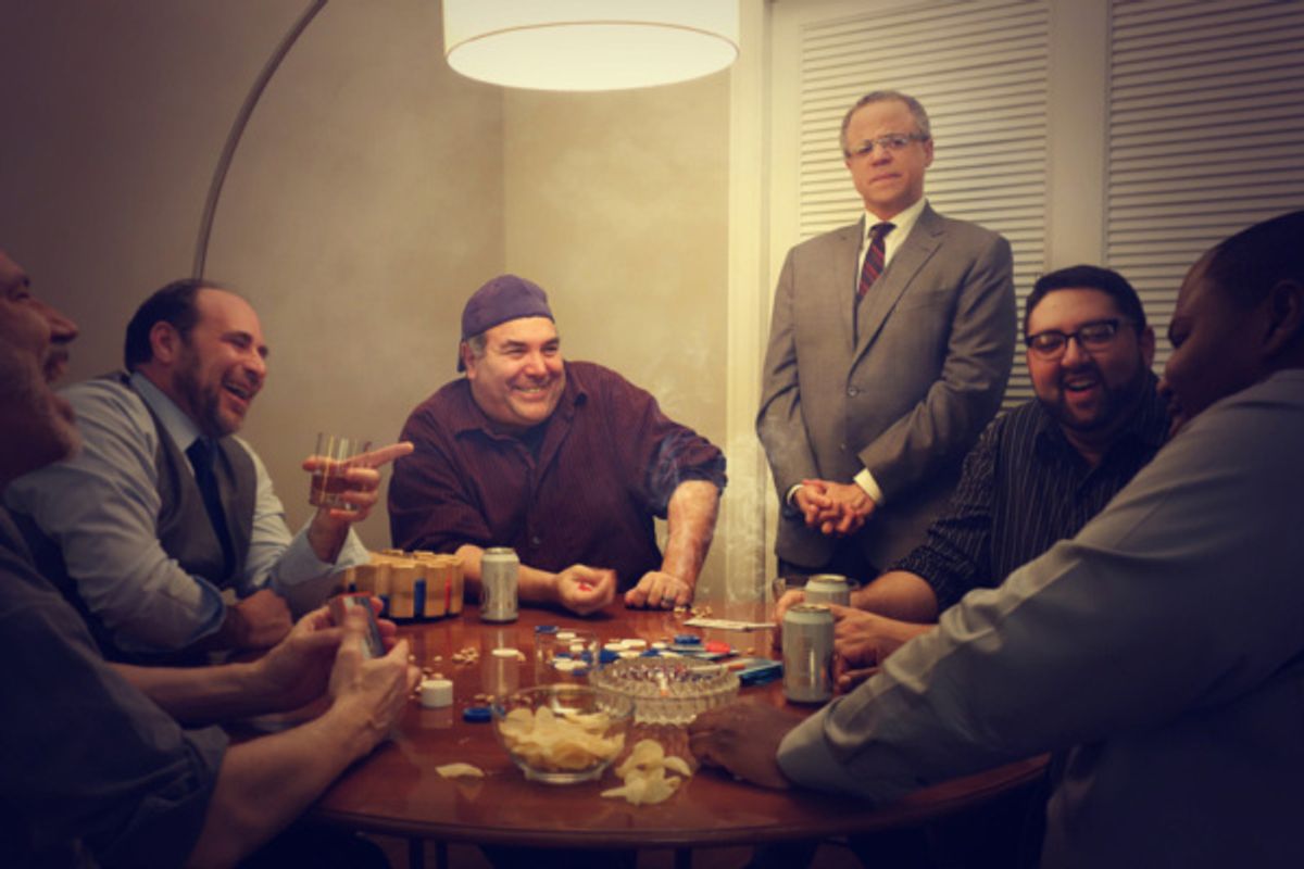 David R. Feiler (Speed), Scott Schwartz (Vinnie), Neal Goldman (Oscar), Lewis R. Jones (Felix), Scott Spector (Roy), and Anthony C. Brown (Murray) have a laugh during an evening of poker. at 