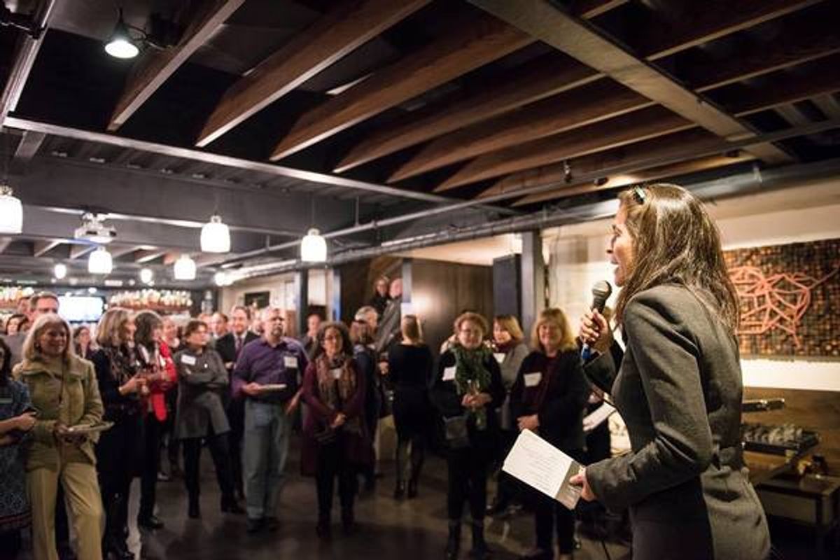 Terrie and Bradley Bloom A.R.T. Artistic Director Diane Paulus welcoming donors to a pre-show reception for Bedlam's SENSE & SENSIBILITY, held at The Sinclair, one of A.R.T.'s 2017/18 restaurant partners. at 