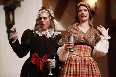 Josh Clark as Plump Sister and Annabelle Rollison as Mrs. Fred in A CHRISTMAS CAROL. Photo