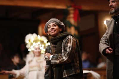 Constance Swain as Tiny Tim and J.C. Long as Ebenezer Scrooge in A CHRISTMAS CAROL. Photo
