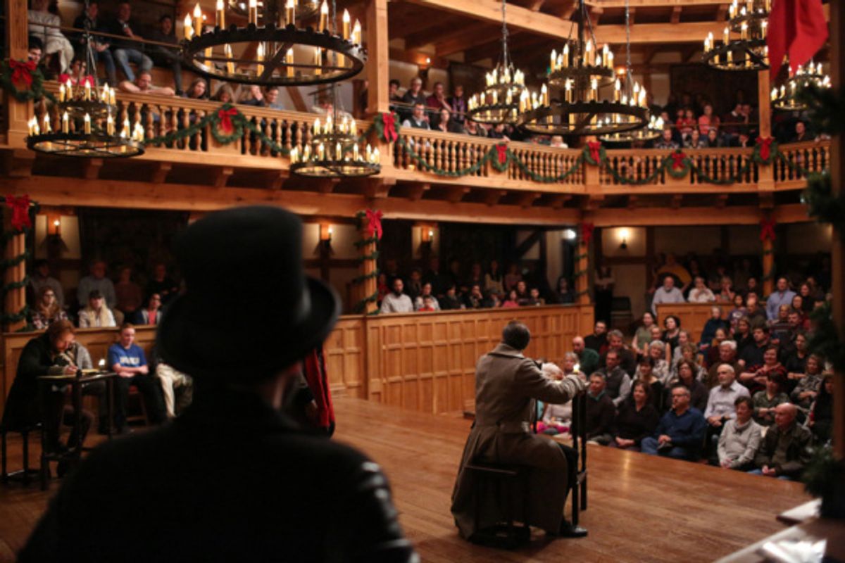 Calder Shilling as Bob Cratchit and J.C. Long as Ebenezer Scrooge in A CHRISTMAS CAROL. at 