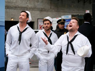 Hugh Jackman, Zac Efron and James Corden during Crosswalk The Musical in New York Cit Photo