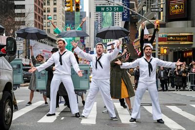 Hugh Jackman, James Corden, and Zac Efron perform in Crosswalk The Musical in New Yor Photo
