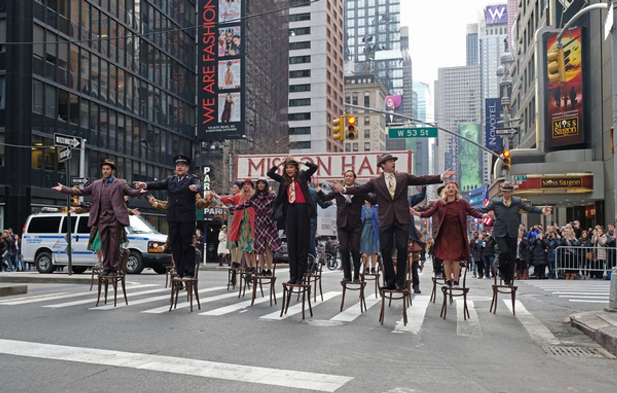 Zac Efron, James Corden, and Hugh Jackman perform in Crosswalk The Musical in New York City at 