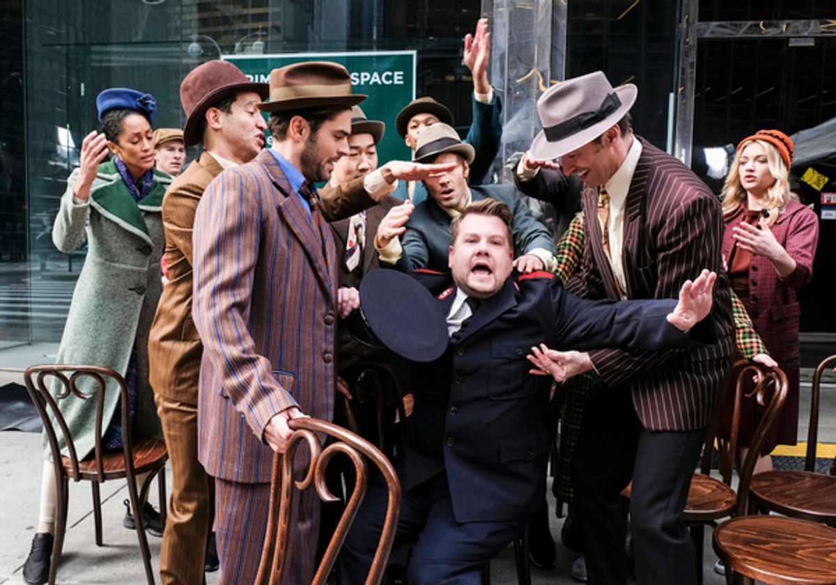 Zac Efron, James Corden, and Hugh Jackman perform in Crosswalk The Musical in New York City at 