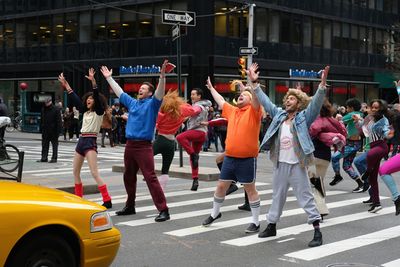 Zendaya, Hugh Jackman, James Corden, and Zac Efron perform in Crosswalk The Musical i Photo