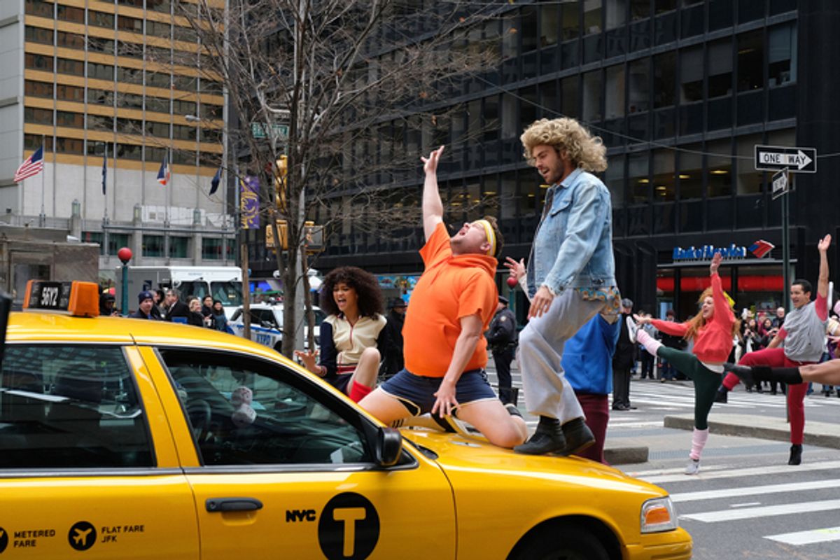Zendaya, James Corden, and Hugh Jackman perform in Crosswalk The Musical in New York City at 