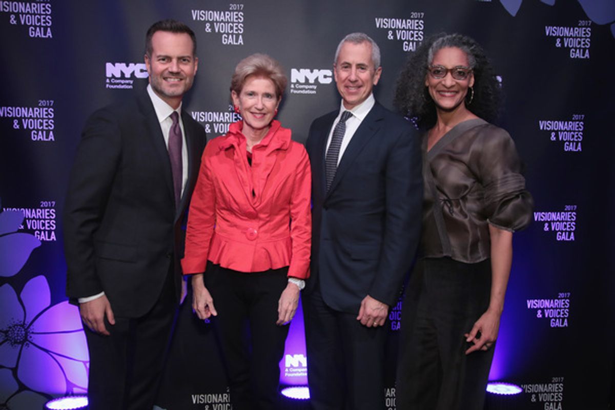 NEW YORK, NY - DECEMBER 18:  (L-R) Fred Dixon of NYC & Company, Emily Rafferty of NYC & Company Board, Danny Meyer of Union Sq Hospitality Group, and Carla Hall attend the NYC & Company Foundation Visionaries & Voices Gala 2017 on December 18, 2017 in New at 