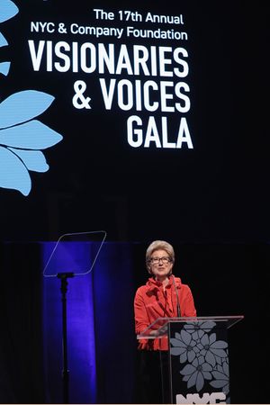 NEW YORK, NY - DECEMBER 18: Emily Rafferty of NYC & Company Board speaks onstage at the NYC & Company Foundation Visionaries & Voices Gala 2017 on December 18, 2017 in New York City. (Photo by Cindy Ord/Getty Images for NY & Company) @ BroadwayWorld NEW YORK, NY - DECEMBER 18: Emily Rafferty of NYC & Company Board speaks onstage at Photo