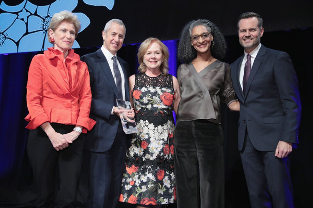 NEW YORK, NY - DECEMBER 18:  (L-R) Emily Rafferty of NYC & Company Board, Danny Meyer of Union Sq Hospitality Group, Susan Ungaro of James Beard Foundation, Carla Hall and Fred Dixon of NYC & Company, pose onstage during the NYC & Company Foundation Visio at 