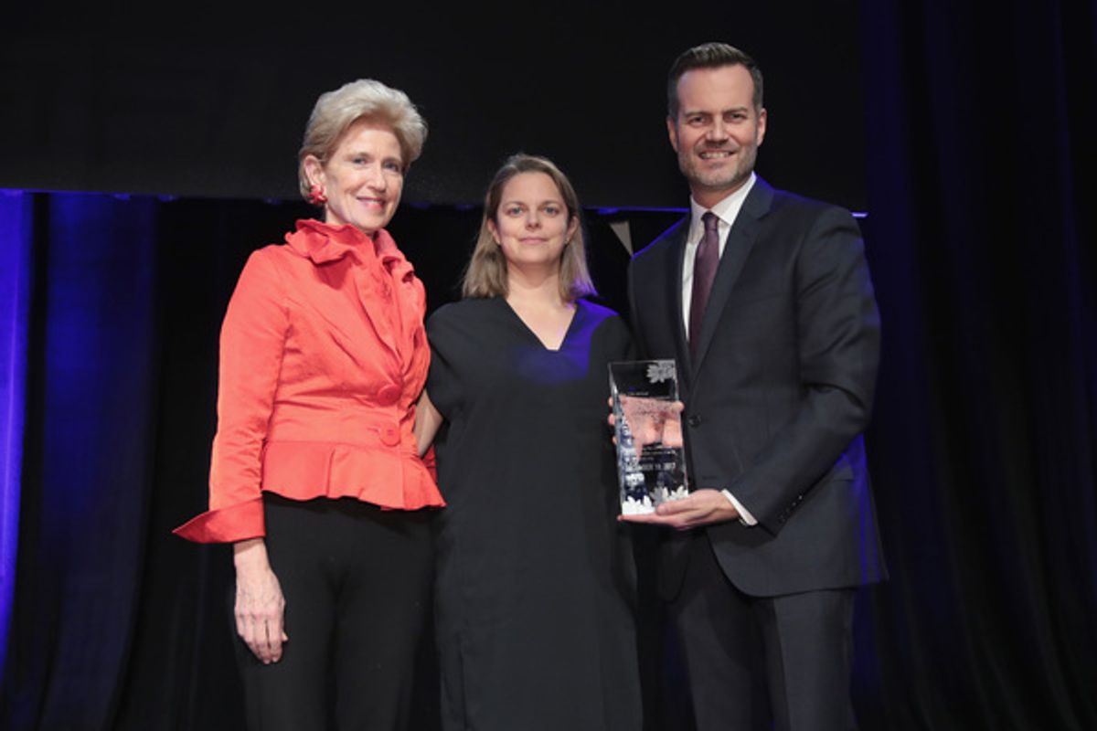 NEW YORK, NY - DECEMBER 18: (L-R) Emily Rafferty of NYC & Company Board, Tonia Davis of The Greatest Showman and Fred Dixon of NYC & Company pose onstage at NYC & Company Foundation Visionaries & Voices Gala 2017 on December 18, 2017 in New York City.  (P at 