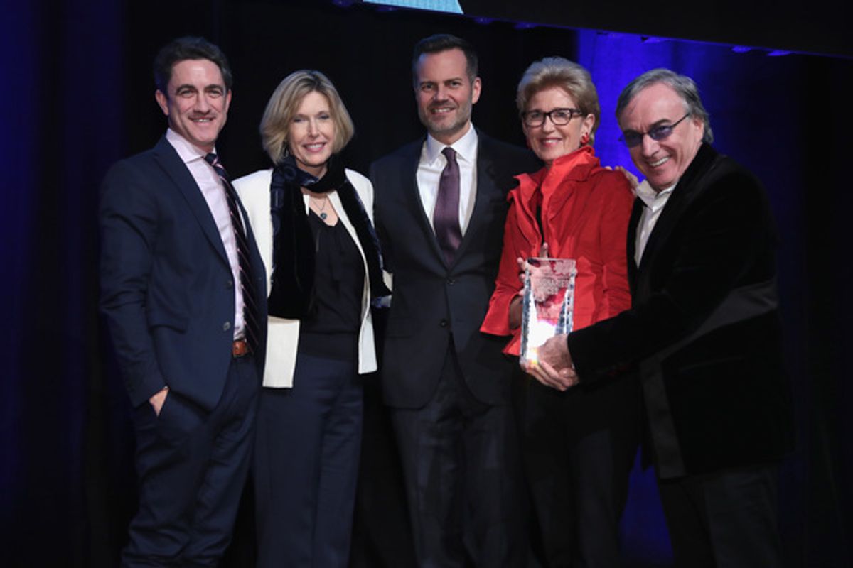 NEW YORK, NY - DECEMBER 18:  (L-R) Danny Boockvar, Dawn Hudson, Fred Dixon, Emily Rafferty, and Daniel Lamarre pose onstage at NYC & Company Foundation Visionaries & Voices Gala 2017 on December 18, 2017 in New York City.  (Photo by Cindy Ord/Getty Images at 