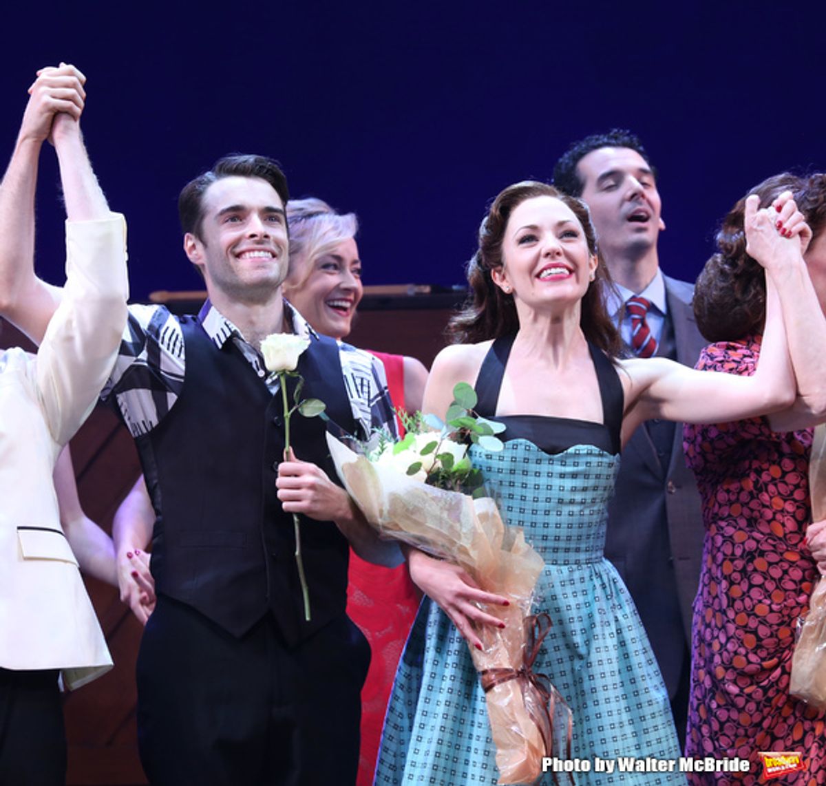 Corey Cott and Laura Osnes during the Broadway Opening Night Curtain Call Bows of 'Bandstand' at the Bernard B. Jacobs Theatre on 4/26/2017 in New York City. at 
