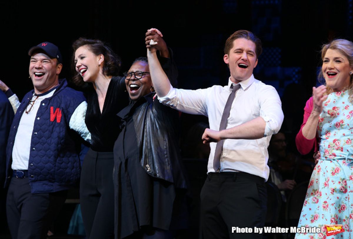 Reggie Jackson, Danny Burstein, Maggie Gyllenhaal, Whoopi Goldberg, Matthew Morrison, Victoria Clark during the Curtain Call for the Roundabout Theatre Company presents a One-Night Benefit Concert Reading of 'Damn Yankees' at the Stephen Sondheim Theatre  at 