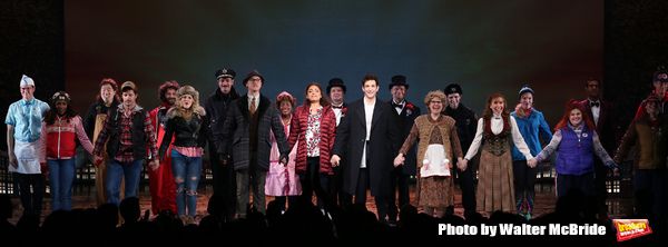 Barrett Doss and Andy Karl with cast during the Broadway Opening Night Curtain Call B Photo